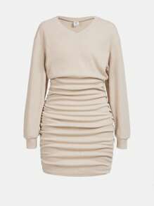 SHEIN Tween Girl Knitted Solid Color Loose Pleated Casual Dress With Round Neck - Khaki - View 1