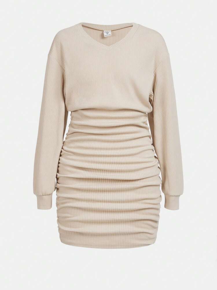 Tween Girl Knitted Solid Color Loose Pleated Casual Dress With Round Neck