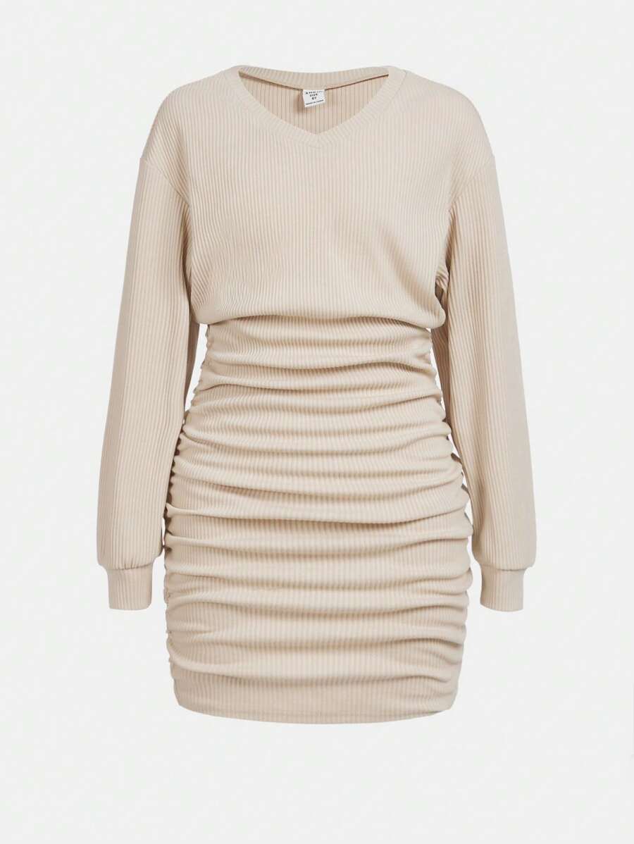 SHEIN Tween Girl Knitted Solid Color Loose Pleated Casual Dress With Round Neck - Khaki - View 1