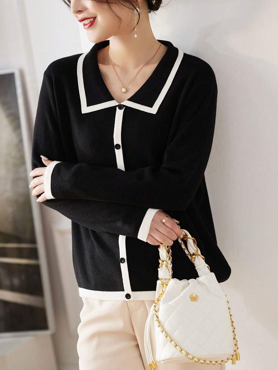 Viền tương phản Nút phía trước Áo len - màu đen - Xem 1
