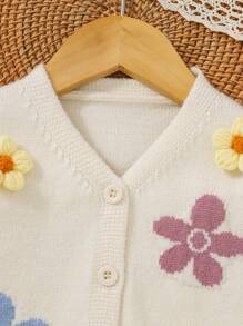 SHEIN 女嬰花卉貼片鈕扣正面開衫 - 杏色 - 查看 3