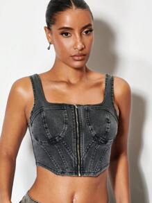 SHEIN BAE 拉鏈開襟緊身上衣短款牛仔上衣 - 灰色 - 查看 1