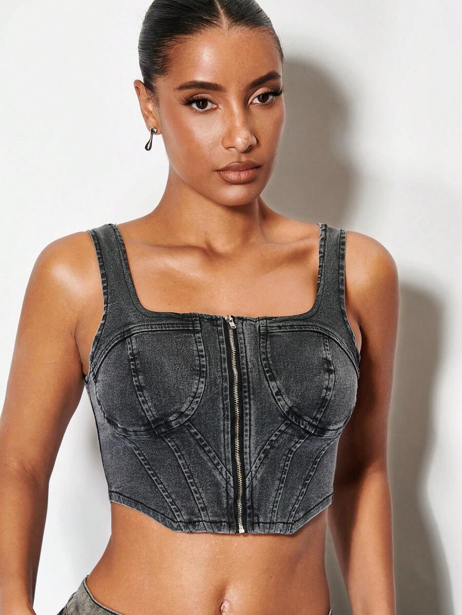 SHEIN BAE 拉鏈開襟緊身上衣短款牛仔上衣 - 灰色 - 查看 1