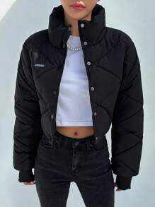 字母拼饰按扣夹棉大衣 - 黑色 - 查看 1