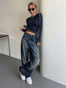 DAZY Top-stitching Ribbed Knit Tee