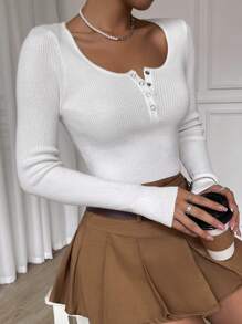 Chiquease Suéter de punto con botones a media altura para otoño e invierno - Blanco - Ver 4