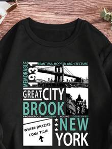 SHEIN EZwear 大碼建築物和標語圖案加絨內裏運動衫 - 黑色 - 查看 4