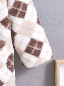 Young Boy Argyle Pattern Dual Pocket Hooded Teddy Lined Hooded Coat Without Sweater - Beige - View 3