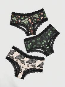 ROMWE Fairycore 3pack Mushroom Print Contrast Lace Panty Set - Multicolor - View 1