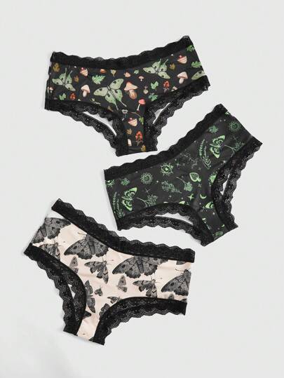 ROMWE Fairycore 3pack Mushroom Print Contrast Lace Panty Set