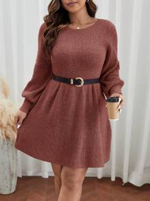 SHEIN Frenchy Plus Lantern Sleeve Sweater Dress Without Belt In Fall/Winter - Redwood - View 1