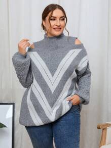 SHEIN Unity 大碼鋸齒圖案挖肩套頭毛衣 - 灰色 - 查看 3
