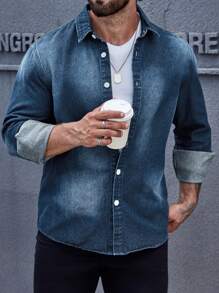 Manfinity Homme Men Solid Button Front Denim Shirt - Blue - View 5