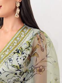 Modelyn Floral Print Lantern Sleeve Belted Evening Dress - Mint Green - View 3