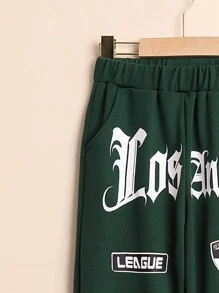 SHEIN 男孩字母圖案彈性腰帶衛褲 - 綠色 - 查看 3