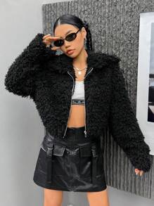 SHEIN EZwear 拉鏈開襟短款毛茸茸夾克 - 黑色 - 查看 1