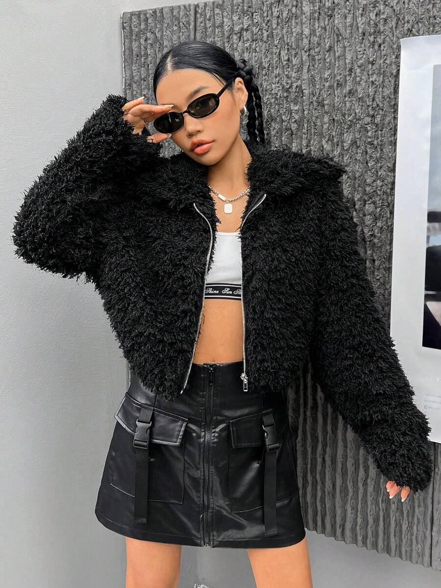 SHEIN EZwear 拉鏈開襟短款毛茸茸夾克 - 黑色 - 查看 1
