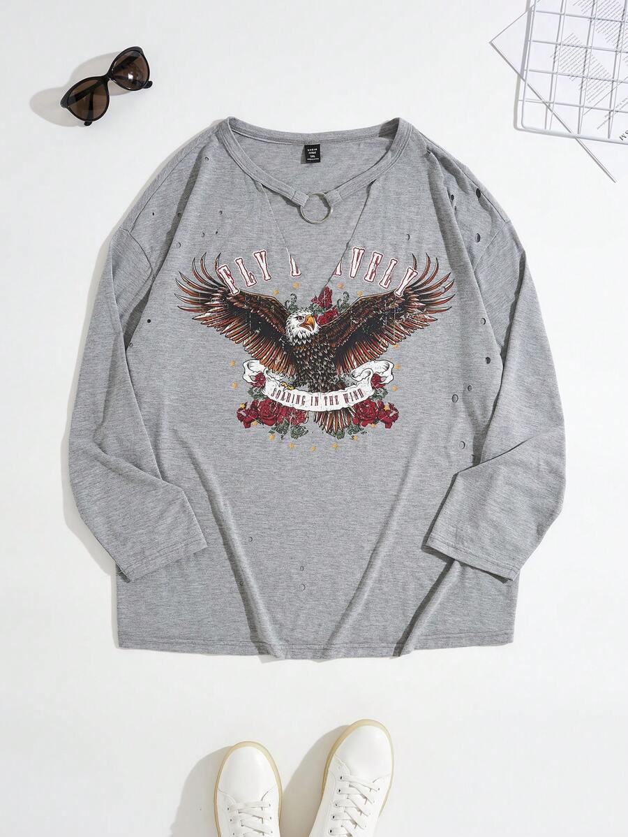 SHEIN EZwear Talla grande Camiseta de hombros caídos con estampado de águila y letra con abertura delantera desgarro - Gris - Ver 1