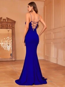 水鑽細節高衩正式洋裝 - 寶藍色 - 查看 2