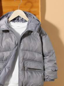 SHEIN Tween Boy 拉链连帽夹棉外套 - 淺灰色 - 查看 6