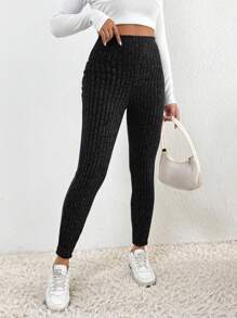 SHEIN Frenchy Solid Ribbed Knit Black Skinny Leggings Casual - Black - View 4