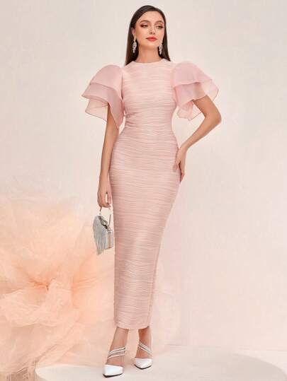 Modelyn Ruffle Sleeve Jacquard Texture Slim Dress,Ladies Elegant Split,Tiered Layer Short Sleeve Round Neck Slim Fit Long Pink Puff Sleeve Plain Fitted Women Long Dresses,Spring/Summer,Party/Nightclub Outfits Long Evening Dresses