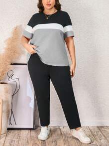 SHEIN LUNE 夏季拼色 T 恤和抽绳腰裤 - 淺灰色 - 查看 4