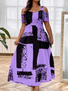 Plus Graphic Print Cold Shoulder Dress Maxi Women Outfit - Purple - View 5