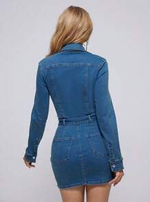 SHEIN EZwear Túi có nắp Nút phía trước Đầm Denim - Rửa trung bình - Xem 3