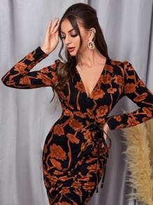 Modelyn Floral Print Ruched Split Thigh Dress - Orange - View 5