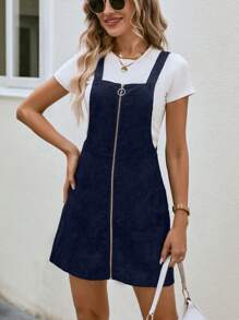 SHEIN LUNE Zip Up Corduroy Overall Dress Without Tee - Navy Blue - View 5