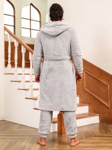 Conjunto de pijama de bata de franela con capucha, cinturón y bolsillos duales y pantalones para hombre - Gris - Ver 2