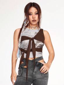 SHEINNeu 撞色前打結背心上衣 - 棕色 - 查看 4