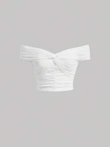 SHEIN MOD Off Shoulder Twist Front Ruched Crop Tee - White - View 1