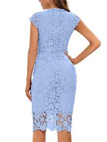 Guipure Lace Overlay Bodycon Dress - Blue - View 2