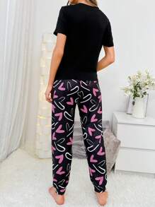Heart & Slogan Graphic PJ Set / Pajama Set - Black - View 2