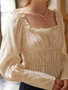 Simple Retro Blusa con dobladillo con volantes y ribete de volantes con busto fruncido y cuello cuadrado - Albaricoque - Ver 7