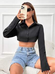 Lunelith SHEIN Lunessa Krótka koszula z jednolitymi guzikami z przodu