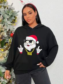 SHEIN EZwear 加大码圣诞印花落肩卫衣 - 黑色 - 查看 1