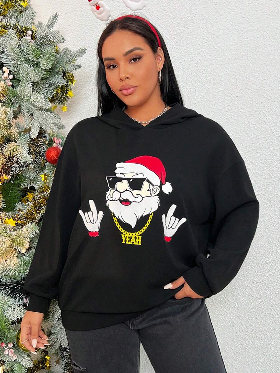 SHEIN EZwear 加大码圣诞印花落肩卫衣 - 黑色 - 查看 1