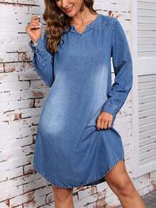 SHEIN LUNE Đường viền cổ có rãnh Curved Hem Đầm Denim - Màu xanh lam - Xem 5