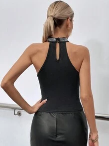 Allurite Studded Detail Halter Top - Black - View 2