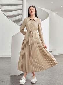 Mulvari Pleated Hem Belted Shirt Dress - Khaki - View 2