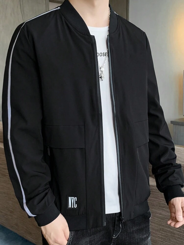 Loose Men's Bomber Jacket With Letter Patched Detail, Contrast Tape And Raglan Sleeves