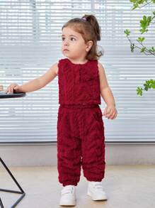 SHEIN 3件套女婴休闲舒适纯色长款毛绒开衫、无袖背心和松紧腰长裤套装 - 酒紅色 - 查看 4