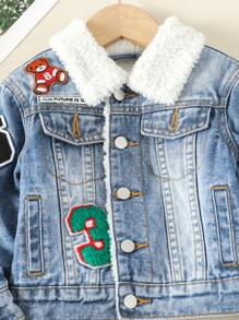 SHEIN Explorewe Young Boy Letter & Bear Patched Teddy Lined Denim Jacket - Light Wash - View 6