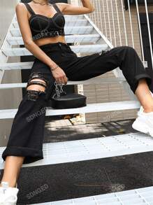 High Waist Ripped Straight Leg Jeans