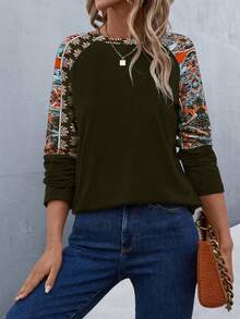 SHEIN LUNE Geo Print Raglan Sleeve Sweatshirt - Army Green - View 3