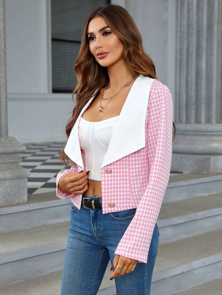 Houndstooth Print Waterfall Collar Jacket