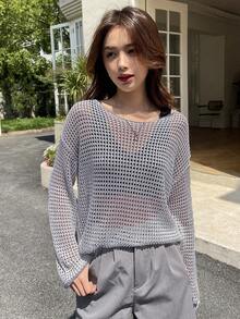 DAZY Solid Drop Shoulder Open Knit Sweater - Baby Blue - View 4
